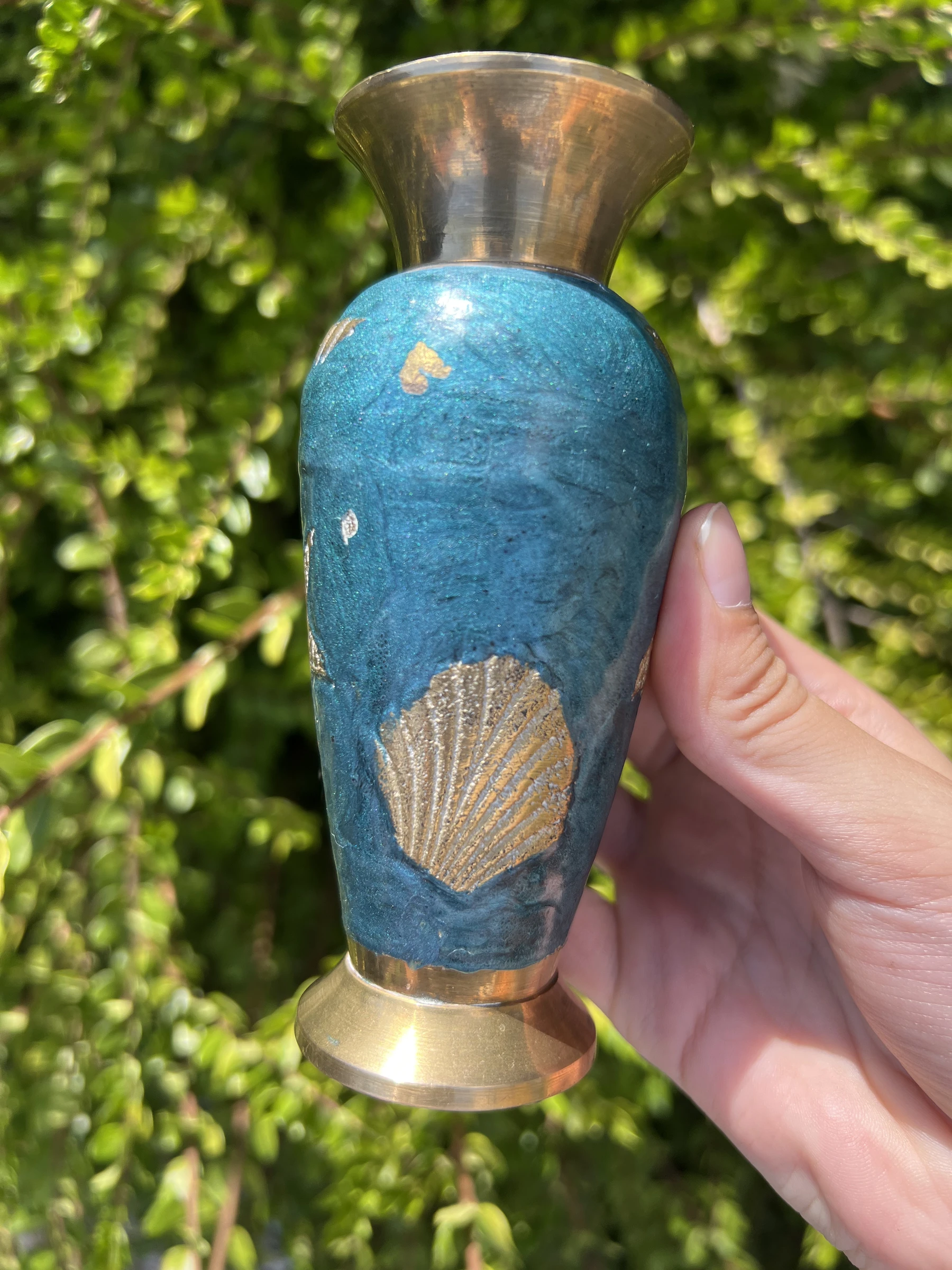 🐚 Vintage vaas van geëmailleerd messing blauw schelp zeester 12,5 cm – photo 6